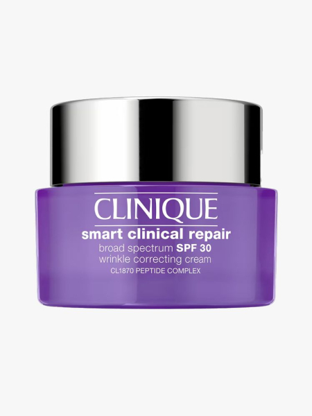 Clinique Smart Clinical Repair SPF 30 Wrinkle Correcting Cream in branded tub component on a light gray background